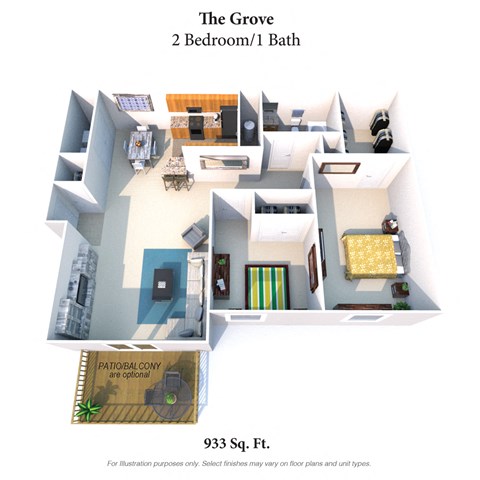 Floor plan for 2 beds, 1 bath, 933 sqft